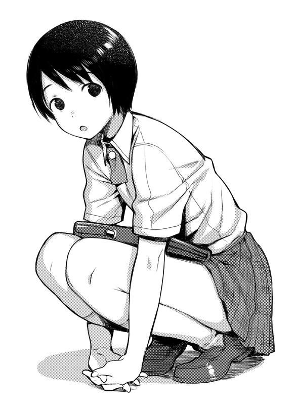 1girl :o bag breasts briefcase dress_shirt female_focus greyscale hiwatari kaida_bola kneehighs loafers looking_at_viewer monochrome own_hands_clasped own_hands_together plaid_clothes plaid_skirt school_bag school_briefcase school_uniform shimau shirt shoes short_hair simple_background skirt small_breasts socks solo squatting white_background yotsubato!