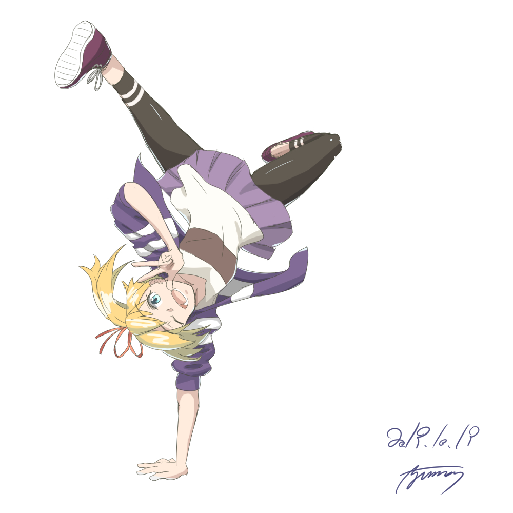 1girl adapted_costume arm_support asymmetrical_hair ayuman black_leggings blonde_hair breakdance casual dancing dated flipped_hair green_eyes handstand jacket kantai_collection leggings maikaze_(kancolle) maikaze_(valentine)_(kancolle) medium_hair official_alternate_costume pleated_skirt ponytail purple_jacket purple_shorts purple_skirt shirt short_ponytail shorts skirt smile solo white_background white_shirt