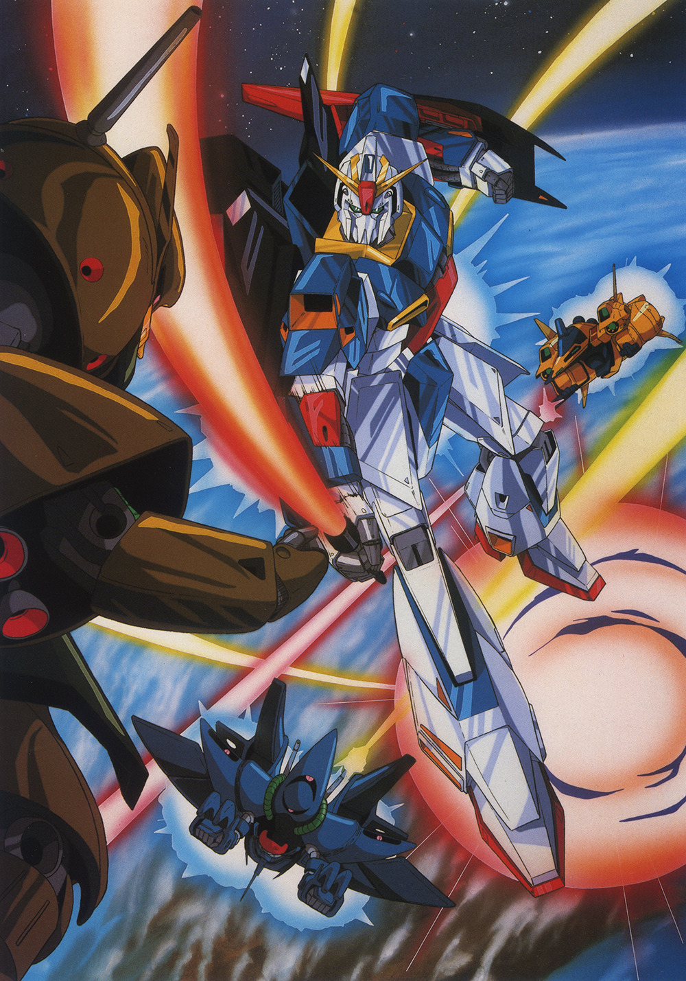 1980s_(style) artist_request energy_sword cloud earth_(planet) energy_beam gabthley gundam hambrabi highres in_orbit key_visual mecha methuss mobile_suit official_art oldschool planet production_art promotional_art retro_artstyle robot scan science_fiction shield space thrusters traditional_media v-fin zeta_gundam zeta_gundam_(mobile_suit)