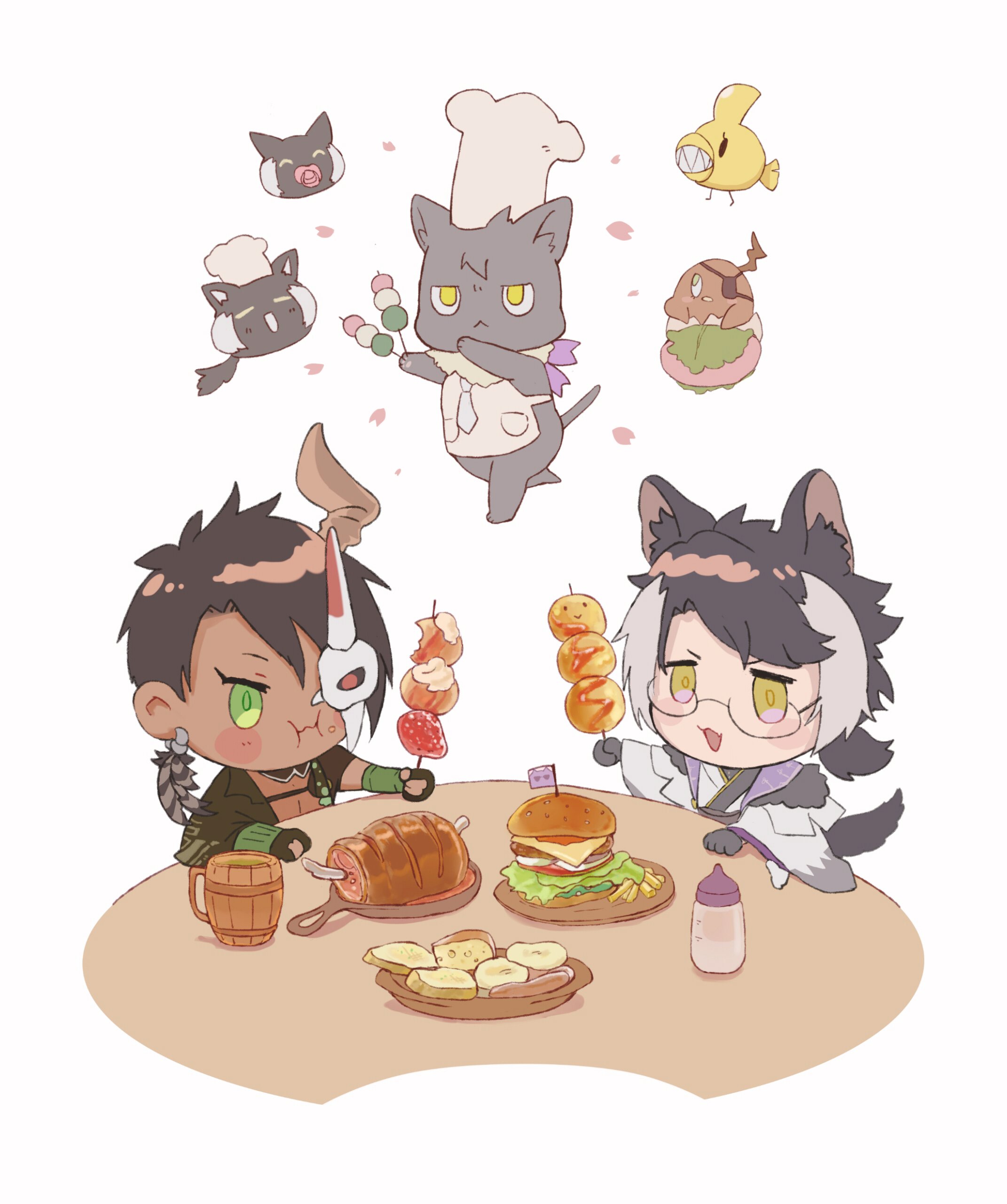 2boys :d :i absurdres animal animal_ears apple apron aragami_oga arm_warmers baby_bottle beer_mug black_gloves black_hair black_kimono blush_stickers boned_meat bottle bread burger capelet cheese chef_hat chibi chungami clothed_animal cup dango dark-skinned_male dark_skin detached_collar earrings eating fang feather_earrings feathers food food_bite food_on_face french_fries fruit fur-trimmed_capelet fur_trim glasses gloves green_eyes grey_cat hadanugi_dousa hair_over_one_eye half_mask hat highres holding holding_skewer holostars horns igote jackal_boy jackal_ears jackal_tail japanese_clothes jewelry kageyama_shien kimono koyama_(kageyama_shien) low_ponytail mafia_(holostars) mask meat medium_hair mochi mug multicolored_hair multiple_boys nakayama_(kageyama_shien) nekoyama_shien official_alternate_costume open_clothes open_kimono open_mouth partially_fingerless_gloves petals plate ponytail sakura_mochi sanshoku_dango short_hair simple_background single_horn skewer skin_fang sleepymondays smile strawberry swept_bangs table tail takoyaki two-tone_hair upper_body virtual_youtuber wagashi white_apron white_background white_capelet white_hair white_kimono wide_sleeves yellow_eyes