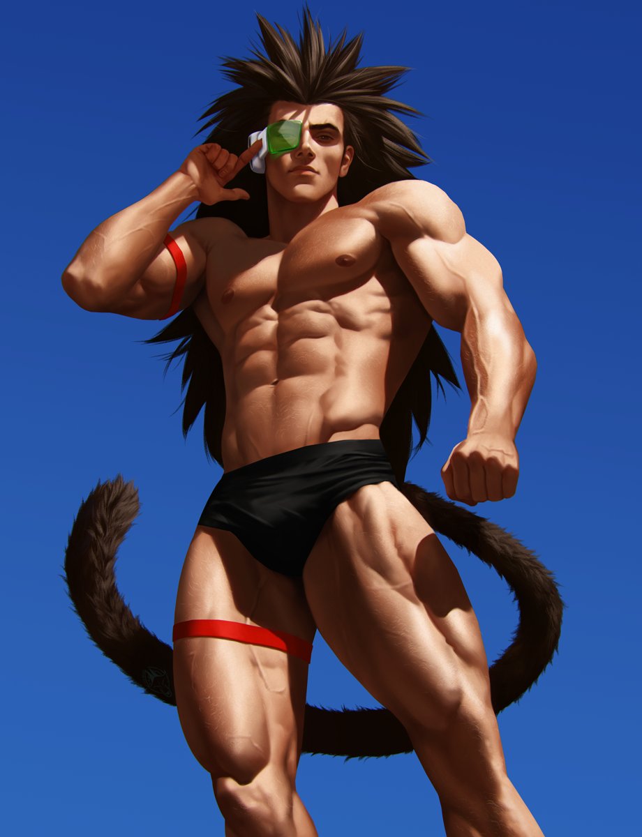 1boy abs arm_strap bara black_male_swimwear black_male_underwear black_swim_briefs blue_background brown_hair bulge commentary dragon_ball dragonball_z english_commentary feet_out_of_frame fox_bravo from_below frown gradient_background hand_up highres large_pectorals long_hair looking_at_viewer male_focus male_swimwear male_underwear manly monkey_tail muscular muscular_male navel pectorals raditz scouter sky solo standing swim_briefs swimsuit tail thigh_strap thighs topless_male underwear