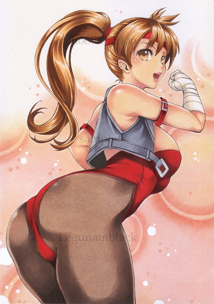1girl armband ass breakers breasts brown_eyes brown_hair female_focus headband highleg highleg_leotard jacket large_breasts legunamblack leotard lips looking_at_viewer looking_back open_mouth pantyhose ponytail solo thick_thighs thighs tia_langray vest