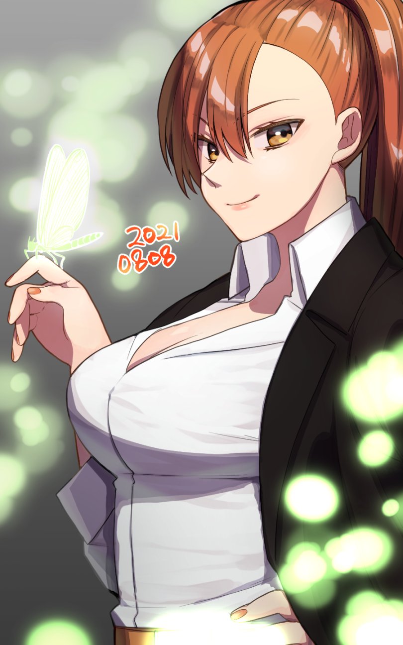 1girl aozaki_touko breasts bug cleavage collared_shirt dated dress_shirt fate_(series) highres kamehima large_breasts looking_at_viewer lord_el-melloi_ii_case_files nail_polish orange_eyes orange_hair orange_nails shirt smile solo type-moon white_shirt