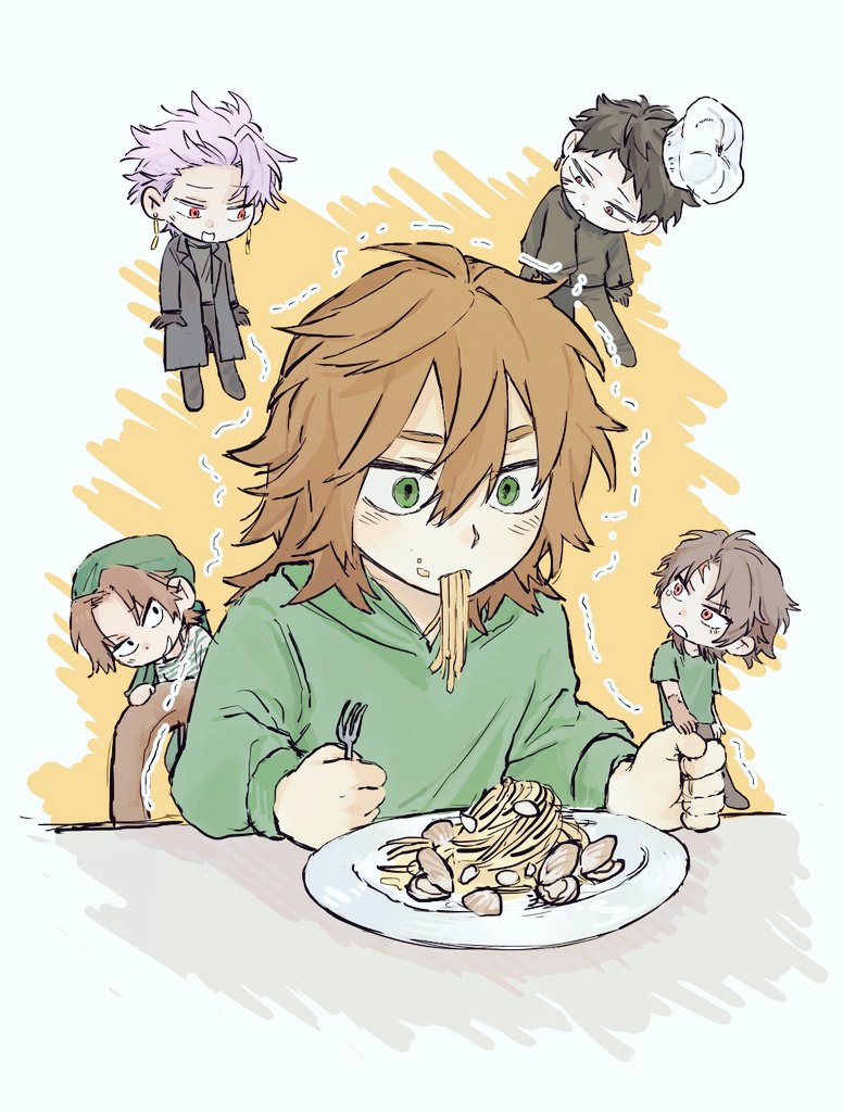 1girl 4boys annie_(saibou_shinkyoku) black_coat black_hair black_jacket black_pants black_shirt brown_hair chef_hat coat commentary dreyfus_zweig earrings eating food fork gigantea_pp green_eyes green_hoodie green_shirt harada_minoru hat holding holding_fork hood hood_down hoodie isoi_reiji jacket jewelry long_sleeves medium_hair mini_person miniboy minigirl multiple_boys open_clothes open_coat open_mouth pants parted_bangs pasta pink_hair red_eyes saibou_shinkyoku shirt short_hair short_sleeves smile spaghetti sweat symbol-only_commentary t-shirt theodore_riddle trembling white_hat