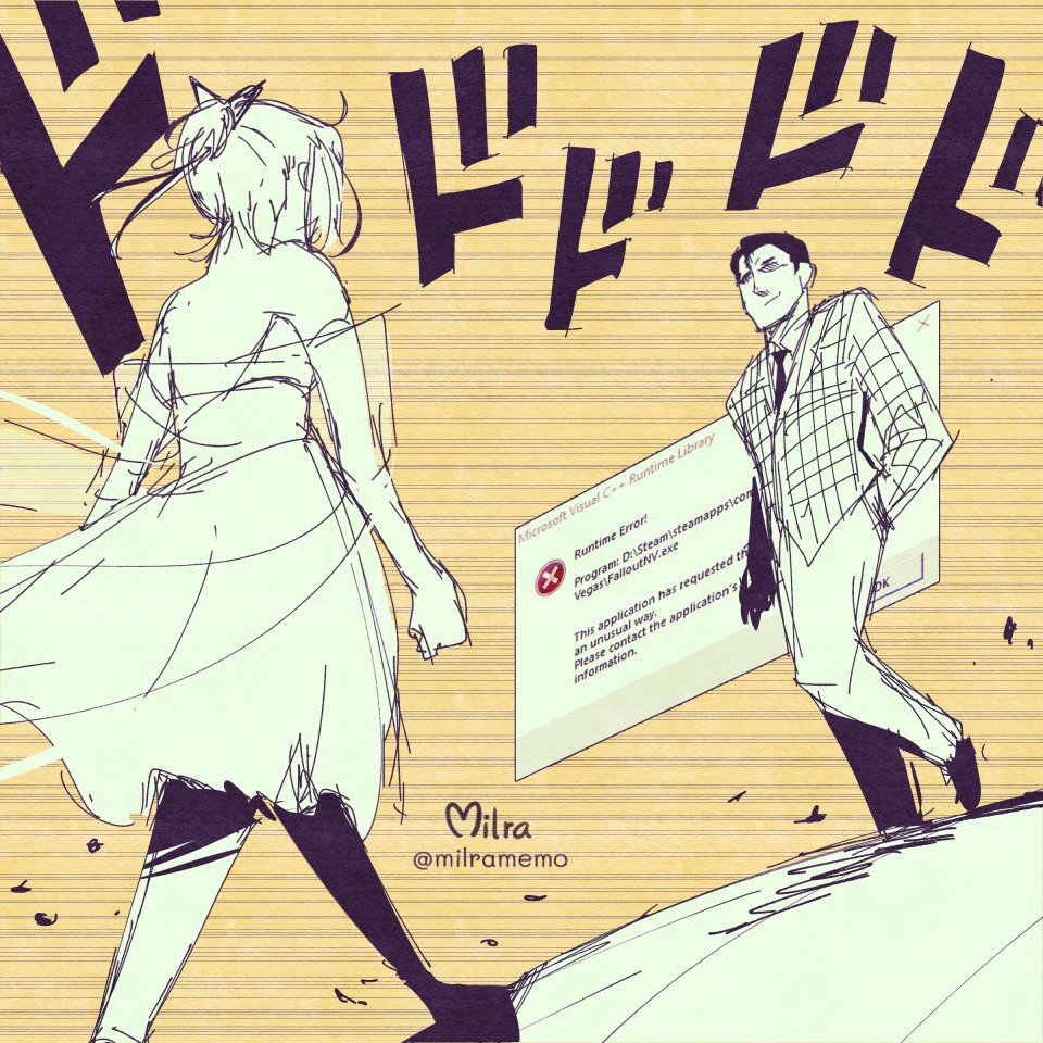 1boy 1girl artist_name benny_(fallout:_new_vegas) black_necktie commentary courier_(fallout:_new_vegas) dodododo dress english_commentary english_text error_message fallout fallout:_new_vegas from_side full_body gameplay_mechanics hair_ribbon hand_in_pocket jojo_no_kimyou_na_bouken meme microsoft_windows milramemo motion_lines necktie oh?_you&#039;re_approaching_me?_(meme) parody ponytail ribbon short_ponytail sketch smirk sound_effects twitter_username walking windows_10 yellow_background
