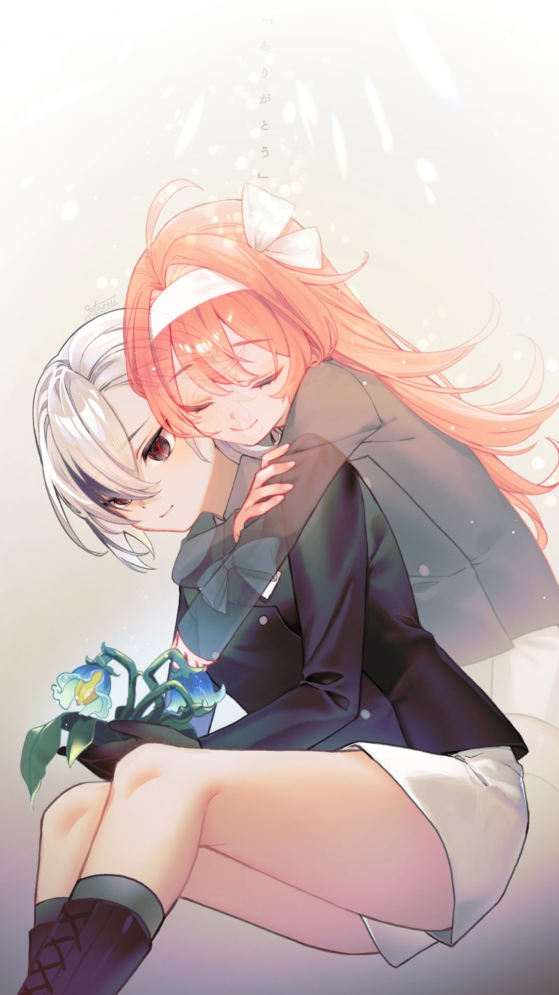 2girls arlecchino_(genshin_impact) arms_around_neck artist_name black_bow black_bowtie black_footwear black_jacket blue_flower boots bow bowtie clervie_(genshin_impact) closed_eyes closed_mouth collared_jacket couple floating flower genshin_impact grey_hair hair_between_eyes hand_on_own_arm hashtag-only_commentary headband highres holding holding_flower hug hug_from_behind jacket leaning_forward light_particles light_smile long_hair long_sleeves looking_down multicolored_hair multiple_girls peruere_(genshin_impact) pink_hair red_pupils rin_gotarou short_hair short_shorts shorts sitting socks spirit streaked_hair suit_jacket symbol-shaped_pupils thighs watermark white_headband white_shorts x-shaped_pupils x_x yuri
