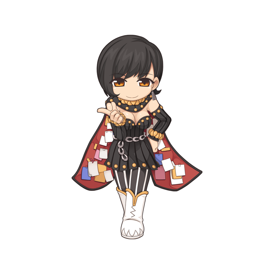 1girl adapted_costume alchemist_(ragnarok_online) alternate_color black_cape black_dress black_hair black_pantyhose black_sleeves boots breasts cape chibi chibi_only cleavage closed_mouth crossed_legs detached_sleeves dress earrings full_body hand_on_own_hip index_finger_raised jewelry leaning_forward looking_at_viewer medium_breasts mingmin_(ragnarok_online) official_art orange_eyes pantyhose ragnarok_online red_cape short_hair simple_background smile solo sticky_note strapless strapless_dress striped_clothes striped_thighhighs studded_dress thighhighs transparent_background two-sided_cape two-sided_fabric vertical-striped_clothes vertical-striped_thighhighs watson_cross white_boots yuichirou