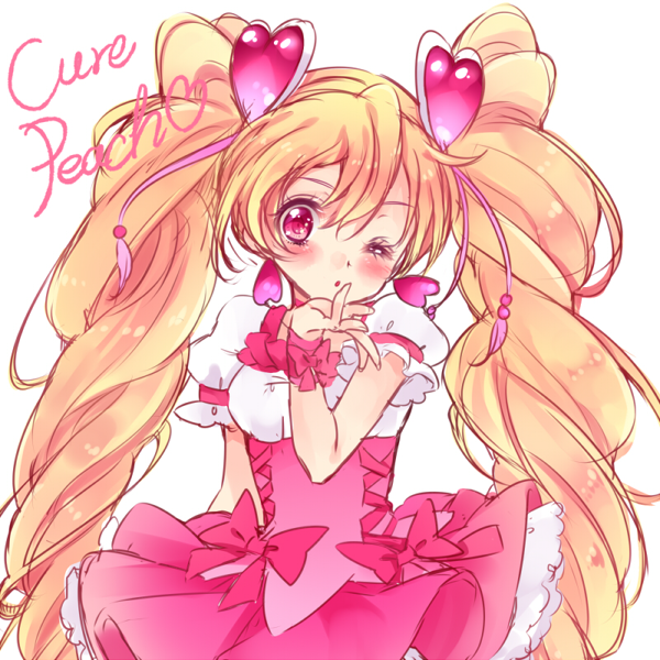 00s 1girl blonde_hair blush bow character_name corset cure_peach earrings female_focus fresh_precure! hair_ornament heart heart_earrings heart_hair_ornament jewelry long_hair looking_at_viewer magical_girl momozono_love one_eye_closed pink_bow pink_eyes pink_skirt precure skirt solo twintails upper_body uzuki_aki white_background wrist_cuffs