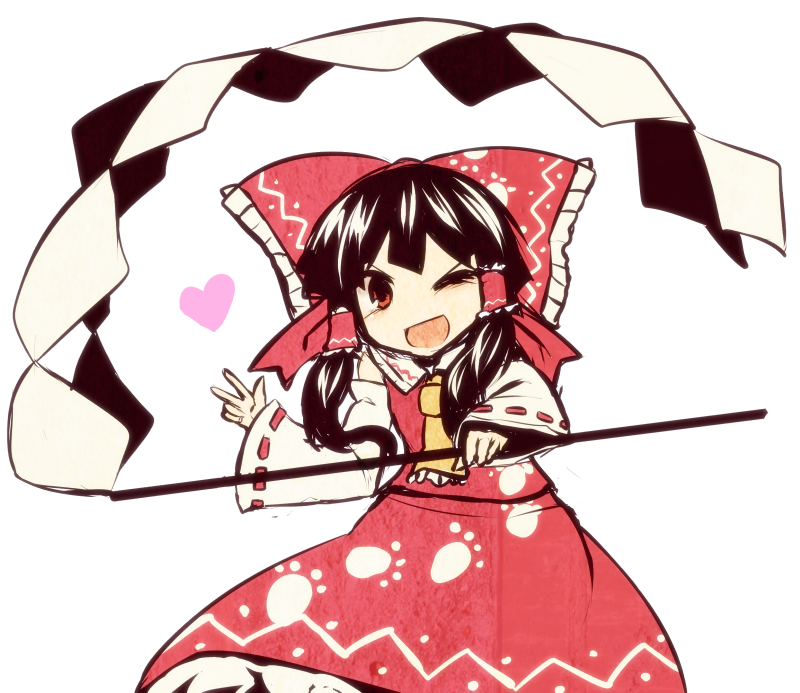 1girl black_hair commentary_request detached_sleeves dress gohei hair_ornament hair_ribbon hakurei_reimu heart kuresento one_eye_closed open_mouth paw_print paw_print_pattern red_dress red_ribbon ribbon touhou