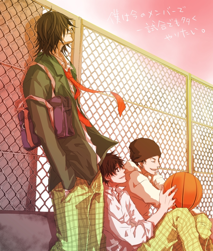 3boys ahiru_no_sora ball basketball_(object) black_headwear chain-link_fence closed_eyes earrings fence green_shirt hair_over_eyes hands_in_pockets jewelry karasu_(mirror_02) kurumatani_sora long_sleeves medium_hair multiple_boys natsume_kenji necktie outdoors pants plaid_clothes plaid_pants red_sky shigeyoshi_kaname shirt short_hair sky white_shirt yellow_pants