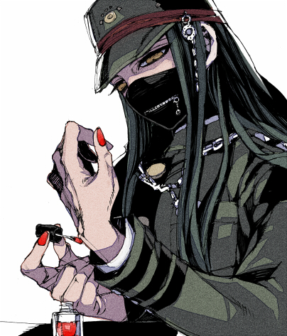 1boy androgynous applying_manicure breast_pocket chain cosmetics covered_mouth danganronpa_(series) danganronpa_v3:_killing_harmony dress_shirt fingernails gakuran girly_boy green_gakuran green_hair hair_over_shoulder hat jacket long_hair long_sleeves lowres male_focus mankintan mask mouth_mask nail_polish nail_polish_bottle nail_polish_brush painting_nails pocket red_nails school_uniform shinguji_korekiyo shirt solo striped_clothes striped_jacket white_background yellow_eyes zipper