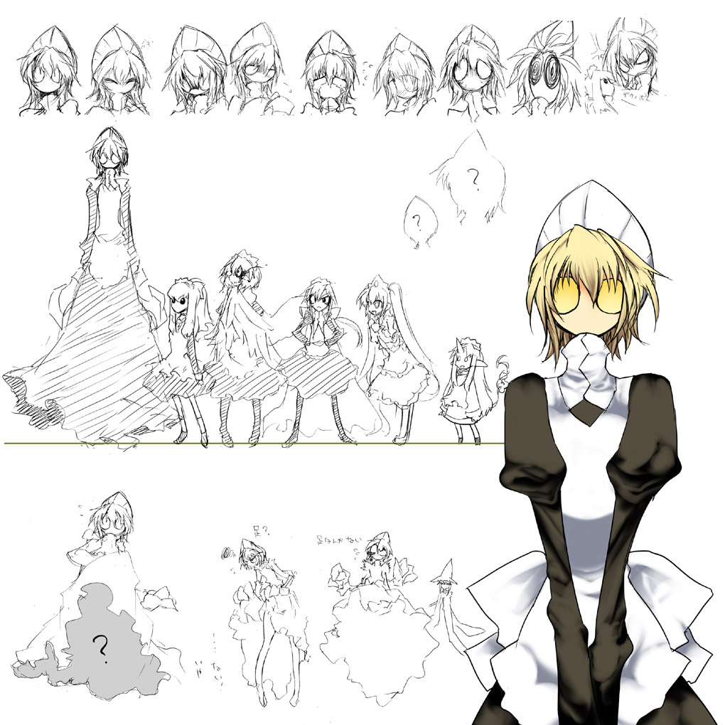 3m 6+girls ? alien aoguu bad_id bad_pixiv_id multiple_expressions fancy futaba_channel harpy height_difference inui itai kirin_(nijiura_maids) maid monochrome monster_girl multiple_girls nijiura_maids partially_colored puffy_sleeves sketch winged_arms wings yabai