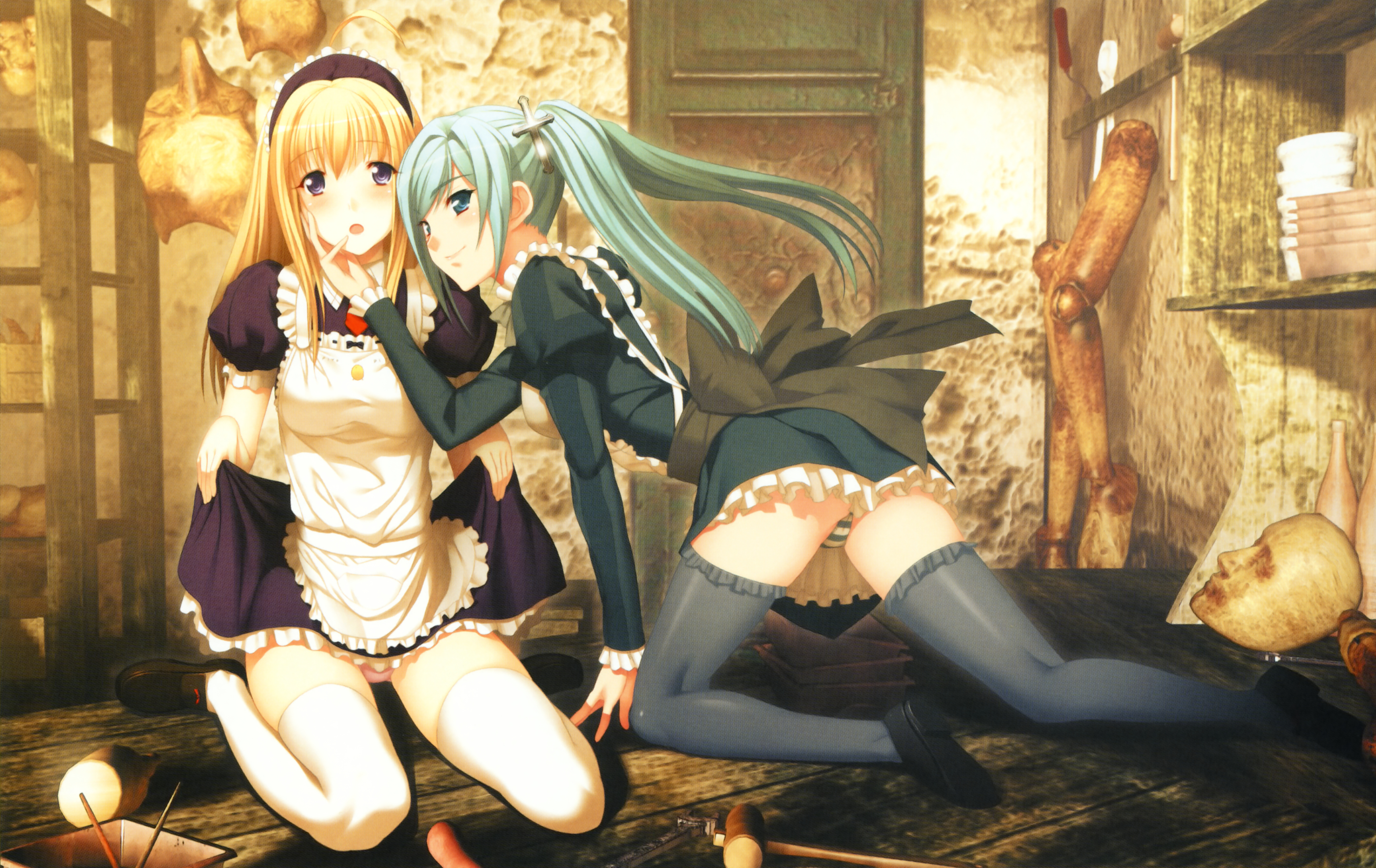 2girls :o absurdres all_fours anna_(gekkou_no_carnevale) arm_support blonde_hair blue_eyes gekkou_no_carnevale green_hair hand_on_another's_cheek hand_on_another's_face highres lunaria maid multiple_girls oosaki_shin'ya panties pantyshot purple_eyes striped_clothes striped_panties thighhighs twintails underwear