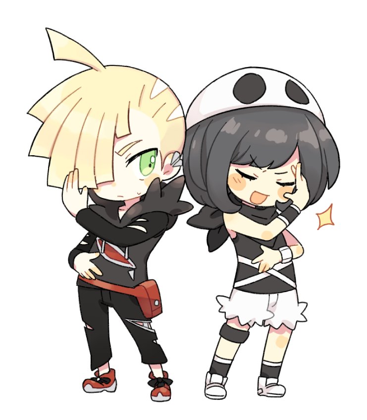 1boy 1girl black_hair black_pants blonde_hair chibi closed_eyes cosplay gladion_(pokemon) hair_over_one_eye hat hood hoodie long_sleeves nintendo open_mouth pants pokemon pokemon_sm pukiko selene_(pokemon) short_hair shorts simple_background tank_top team_skull_grunt team_skull_grunt_(cosplay) torn_clothes torn_pants white_background white_shorts wristband