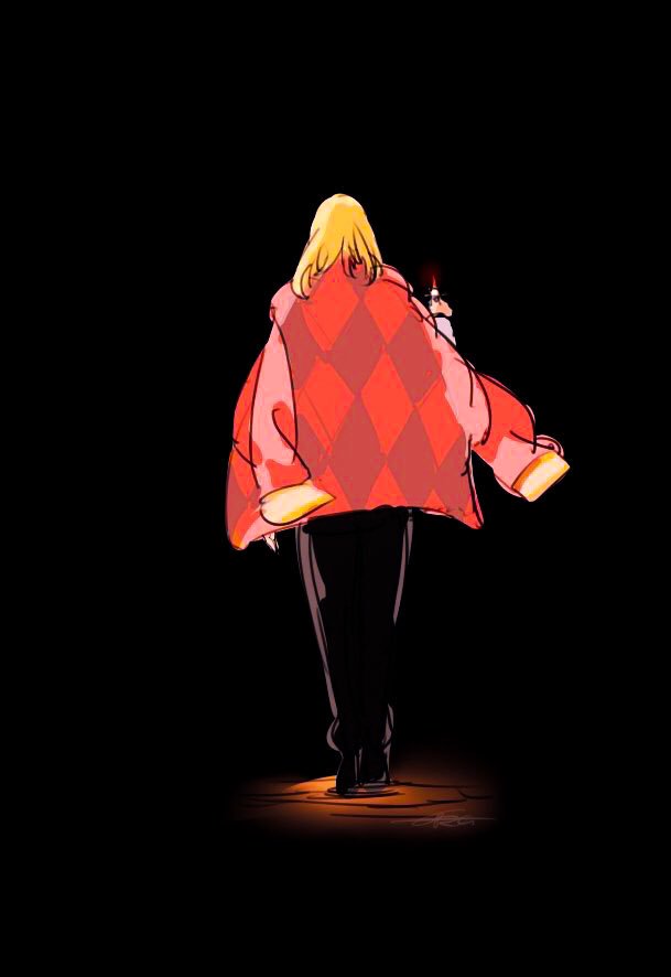 1boy back black_background black_pants blonde_hair candle candlestand checkered_clothes checkered_jacket full_body holding holding_candle holding_candlestand howl_(howl_no_ugoku_shiro) howl_no_ugoku_shiro imamuu_(imamoon) jacket jacket_on_shoulders male_focus medium_hair pants pink_jacket signature simple_background solo
