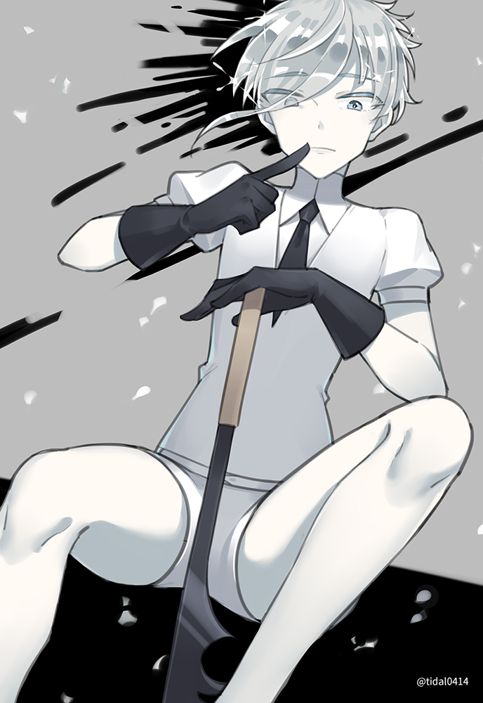 1other androgynous antarcticite blue_eyes colored_eyelashes finger_to_mouth gem_uniform_(houseki_no_kuni) gloves grey_eyes grey_hair hair_over_one_eye houseki_no_kuni looking_at_viewer nashi_(tidal0414) necktie short_hair shorts sitting solo sparkle sword weapon