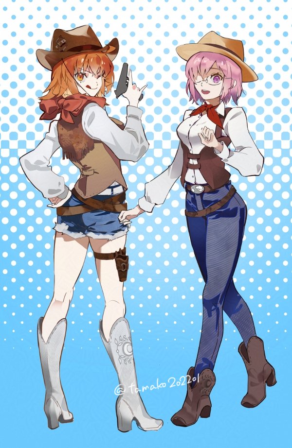 2girls ;q blue_pants blue_shorts boots brown_hat brown_vest commentary_request cowboy_hat denim denim_shorts fate/grand_order fate_(series) fujimaru_ritsuka_(female) glasses gun hanako_(onikutabetaiyo) hand_on_own_hip hat holding holding_gun holding_weapon long_sleeves looking_at_viewer mash_kyrielight multiple_girls official_alternate_costume one_eye_closed open_mouth orange_eyes orange_hair pants pink_eyes pink_hair red_scarf scarf shirt short_shorts shorts side_ponytail smile tongue tongue_out twitter_username vest weapon white_footwear white_shirt