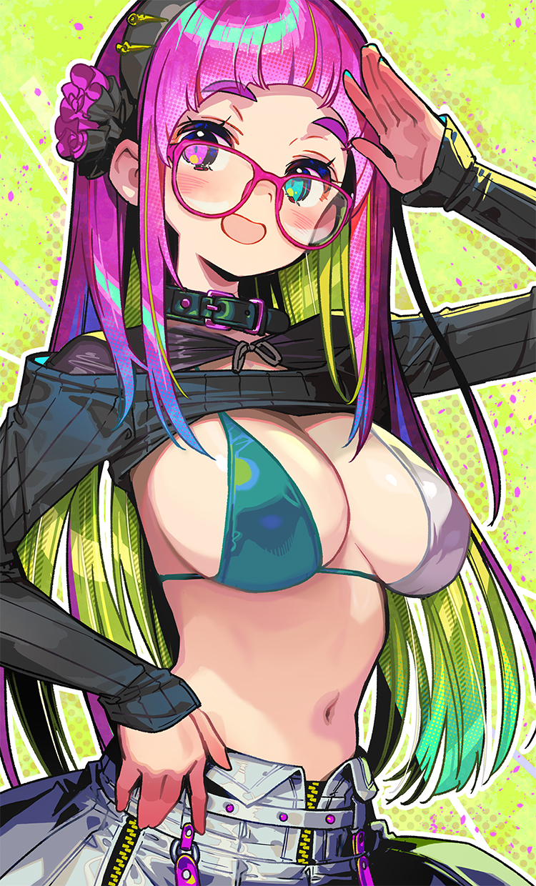 1girl aqua_hair black_sweater blonde_hair blue_hair blush breasts commentary_request glasses green_background green_hair heterochromia highres large_breasts long_hair long_sleeves looking_at_viewer multicolored_hair navel onono_imoko open_mouth original pink_hair red-framed_eyewear shrug_(clothing) smile solo sweater