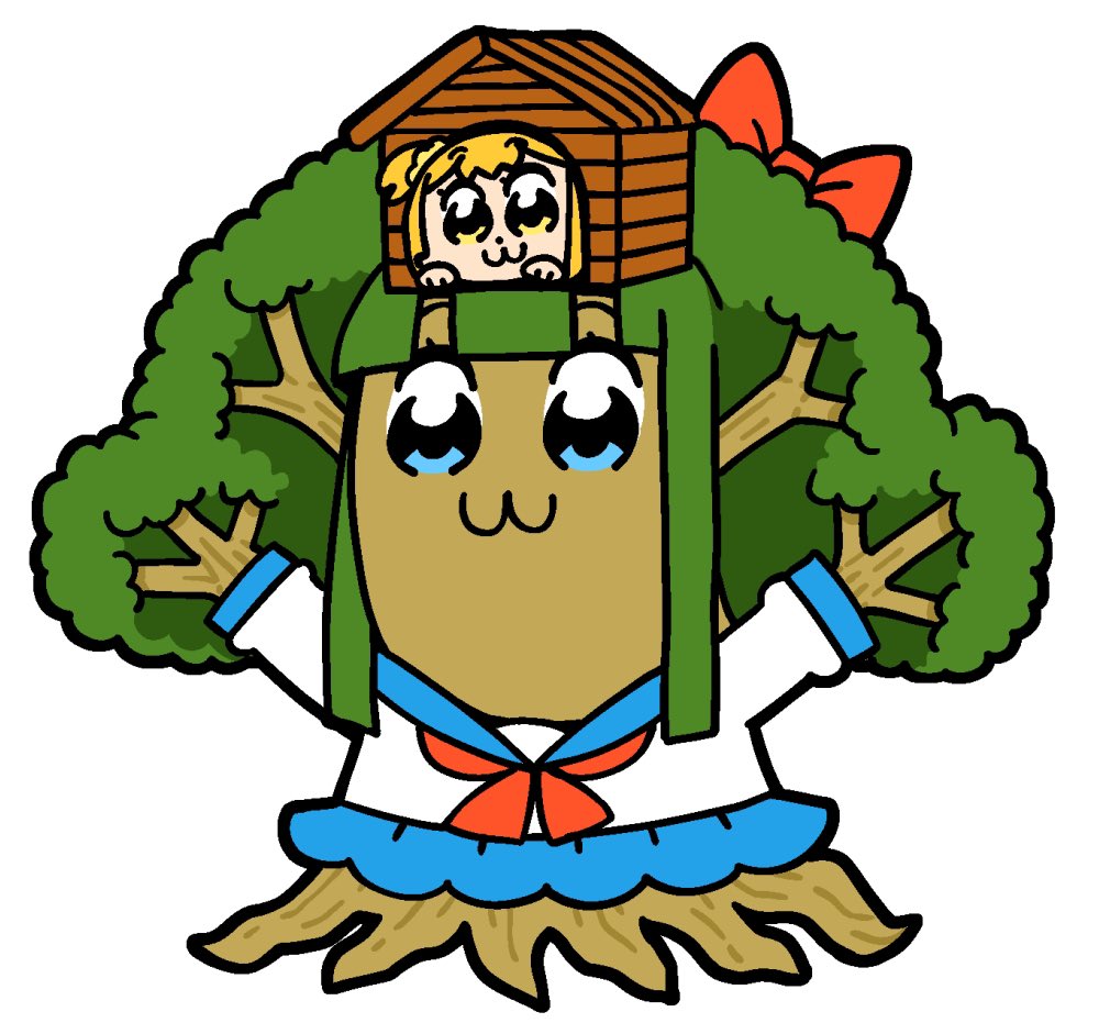 2girls :3 bkub blue_eyes blue_sailor_collar blue_skirt blunt_bangs blunt_ends bow chibi chibi_only closed_mouth commentary_request dot_nose green_hair hair_bow hair_ornament hair_scrunchie long_sleeves looking_at_viewer multiple_girls neckerchief official_art orange_hair pipimi plantification poptepipic popuko red_bow red_neckerchief sailor_collar school_uniform scrunchie serafuku shirt short_hair sidelocks simple_background skirt tree treehouse two_side_up white_background white_shirt yellow_eyes yellow_scrunchie