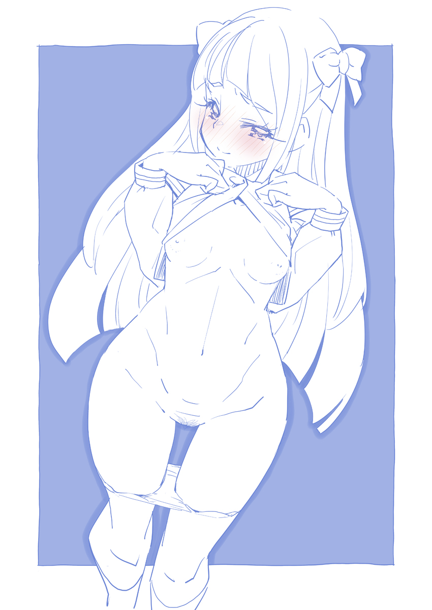 1girl blouse blue_theme blush bow breasts closed_mouth clothes_lift commentary female_pubic_hair functionally_nude groin hair_bow half-closed_eyes highres kaguya_madoka kneehighs lifting_own_clothes long_hair long_sleeves looking_at_viewer mihoshi_middle_school_uniform miyagoe_yoshitsuki monochrome navel nipples panties panty_pull precure pubic_hair pussy school_uniform shirt shirt_lift small_breasts smile socks solo standing star_twinkle_precure underwear