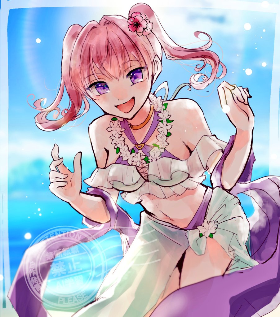 1girl :d bare_shoulders bikini breasts fire_emblem fire_emblem:_the_blazing_blade fire_emblem_heroes flower flower_necklace hair_flower hair_ornament jewelry lei looking_at_viewer mero_(tomoyadon) navel necklace nintendo official_alternate_costume open_mouth pink_hair purple_eyes purple_ribbon ribbon sarong serra_(fire_emblem) serra_(summer)_(fire_emblem) smile solo swimsuit twintails white_sarong