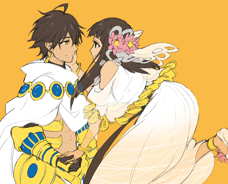 1boy 1girl black_gloves brown_eyes brown_hair closed_mouth dark-skinned_female dark-skinned_male dark_skin dress earrings fate/prototype fate/prototype:_fragments_of_blue_and_silver fate_(series) floating flower gloves gold_trim hair_flower hair_ornament hand_on_another&#039;s_face holding_hands isshoku_(shiki) jewelry light_smile medium_hair nefertari_(fate) ozymandias_(fate) pink_flower rerebrace scarf short_hair simple_background smile white_dress white_scarf yellow_background yellow_eyes
