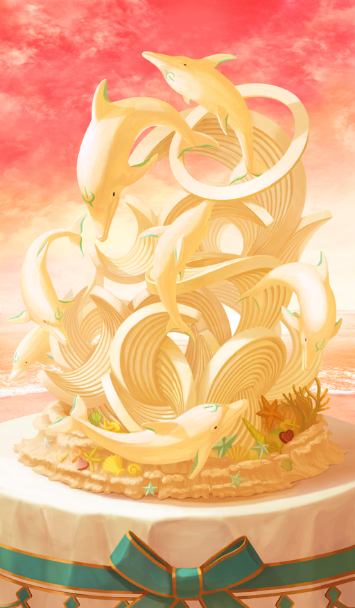 akitaken_(non_faciem) animal-themed_food beach chocolate cloud commentary coral dessert dolphin fate/grand_order fate_(series) food food_art food_focus green_ribbon heart horizon no_humans ocean official_art outdoors red_background ribbon sand scallop seashell shell sky starfish still_life third-party_source white_chocolate