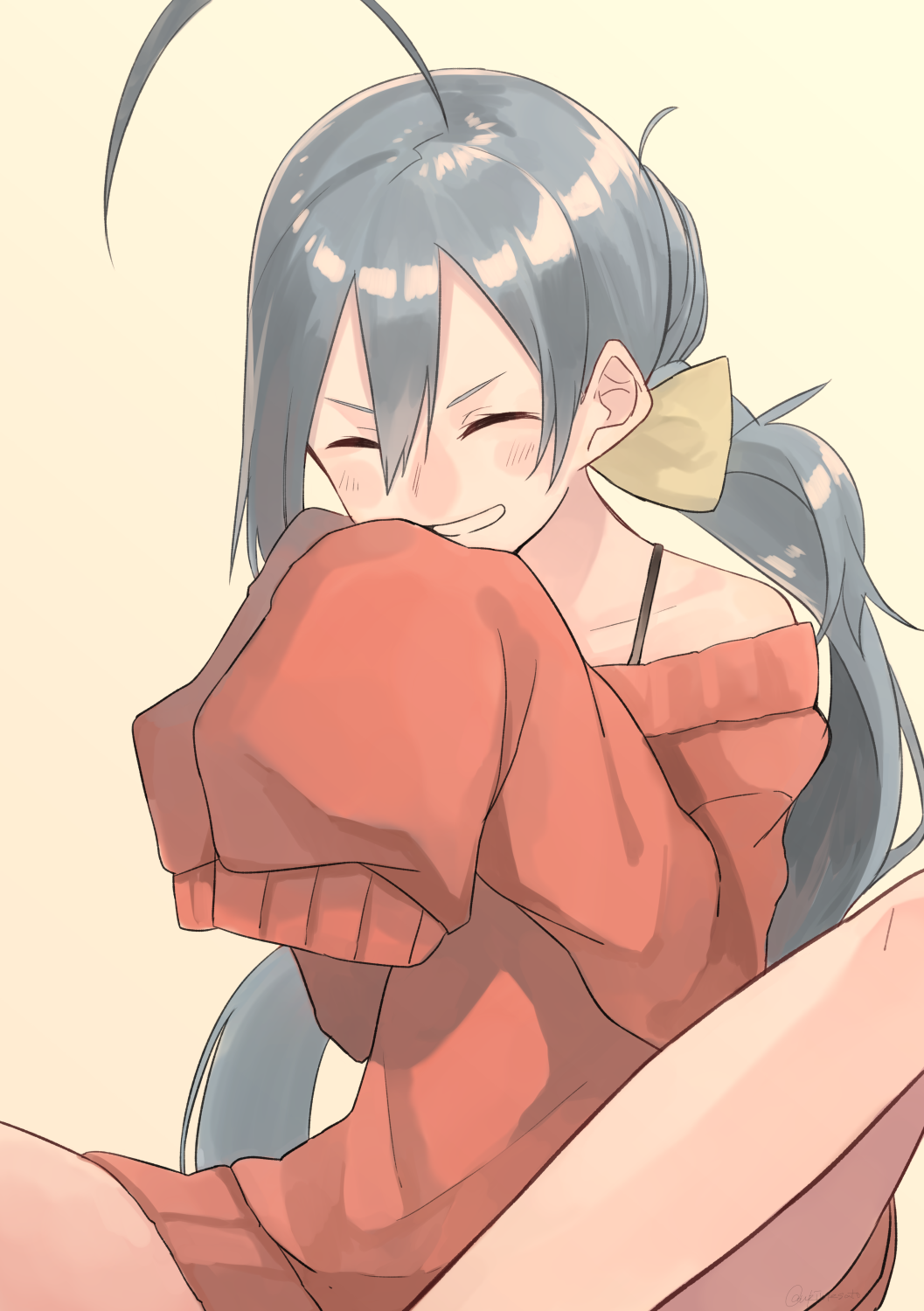 10s 1girl ^_^ ahoge bad_id bad_pixiv_id closed_eyes female_focus hands_in_opposite_sleeves highres kantai_collection kiyoshimo_(kancolle) long_hair long_sleeves off-shoulder off-shoulder_sweater off_shoulder ponytail rin sitting sleeves_past_wrists solo sweater ukimesato