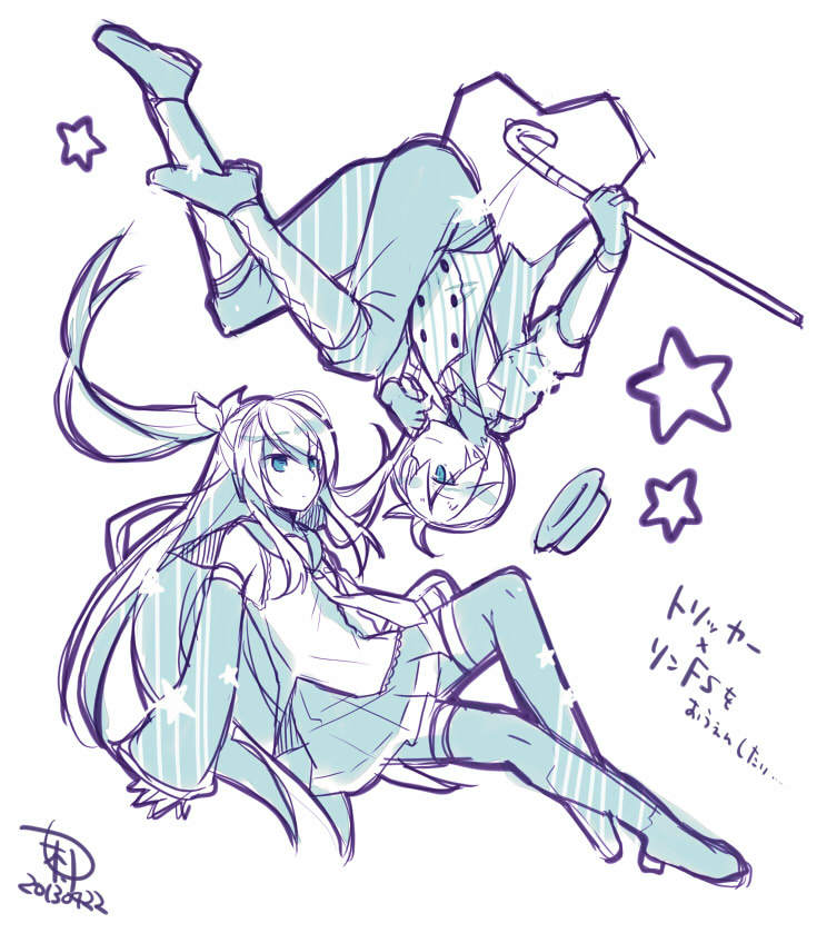 1boy 1girl boots dated detached_sleeves kagamine_len kagamine_len_(tricker) kagamine_rin kagamine_rin_(future_style) long_hair monochrome project_diva project_diva_(series) project_diva_f simple_background skirt smile tamura_hiro thigh_boots thighhighs very_long_hair vocaloid white_background