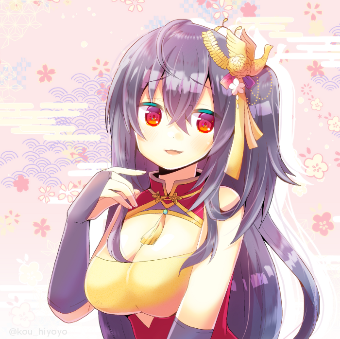 1girl :d azur_lane bare_shoulders black_hair breasts cleavage commission dress egasumi floral_background hair_between_eyes hand_up kou_hiyoyo large_breasts long_hair looking_at_viewer one_side_up open_mouth pink_background red_dress red_eyes seigaiha skeb_commission sleeveless sleeveless_dress smile solo taihou_(azur_lane) taihou_(phoenix&#039;s_spring_song)_(azur_lane) upper_body very_long_hair