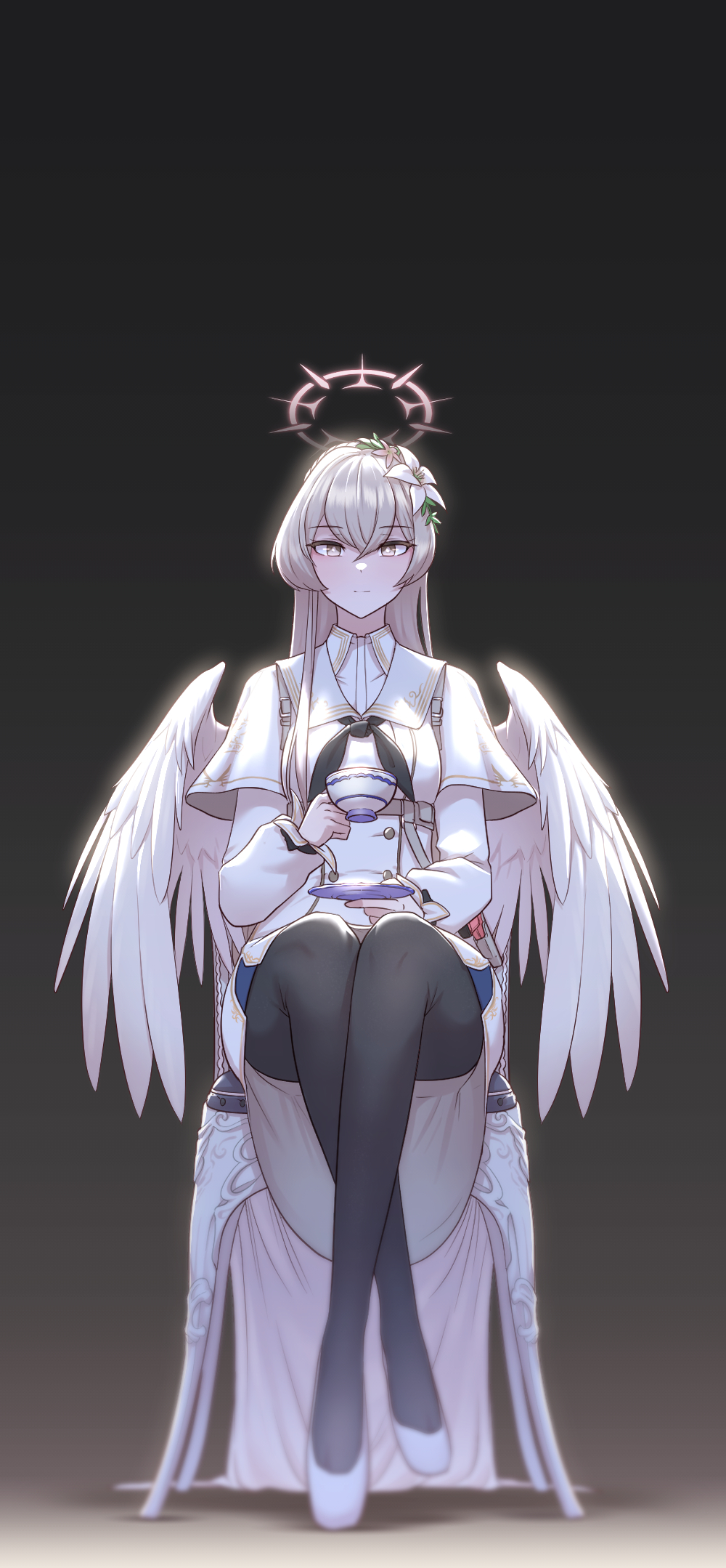 1girl black_neckerchief black_pantyhose blue_archive capelet commentary_request cup dress feathered_wings flower full_body grey_hair gun hair_flower hair_ornament halo handgun highres holding holding_cup holding_saucer light_smile long_hair long_sleeves looking_at_viewer nagisa_(blue_archive) neckerchief on_chair pantyhose partial_commentary red_machine saucer shoes sitting solo straight_hair teacup very_long_hair weapon white_capelet white_dress white_shoes white_wings wings