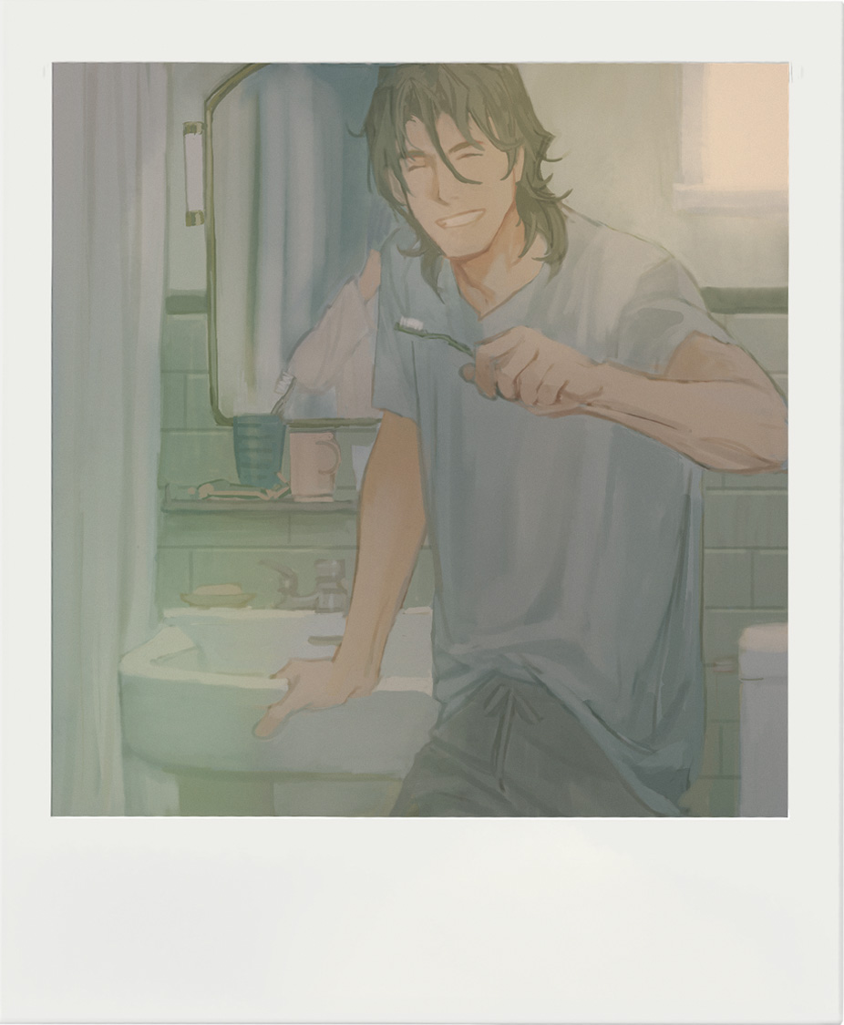 1boy bathroom brown_hair closed_eyes cup facing_viewer framed glass grey_shirt gundam gundam_00 hair_between_eyes holding holding_toothbrush huangdanlan indoors lockon_stratos male_focus medium_hair mirror open_mouth pants photo_(object) shirt sink smile solo standing t-shirt teeth toothbrush
