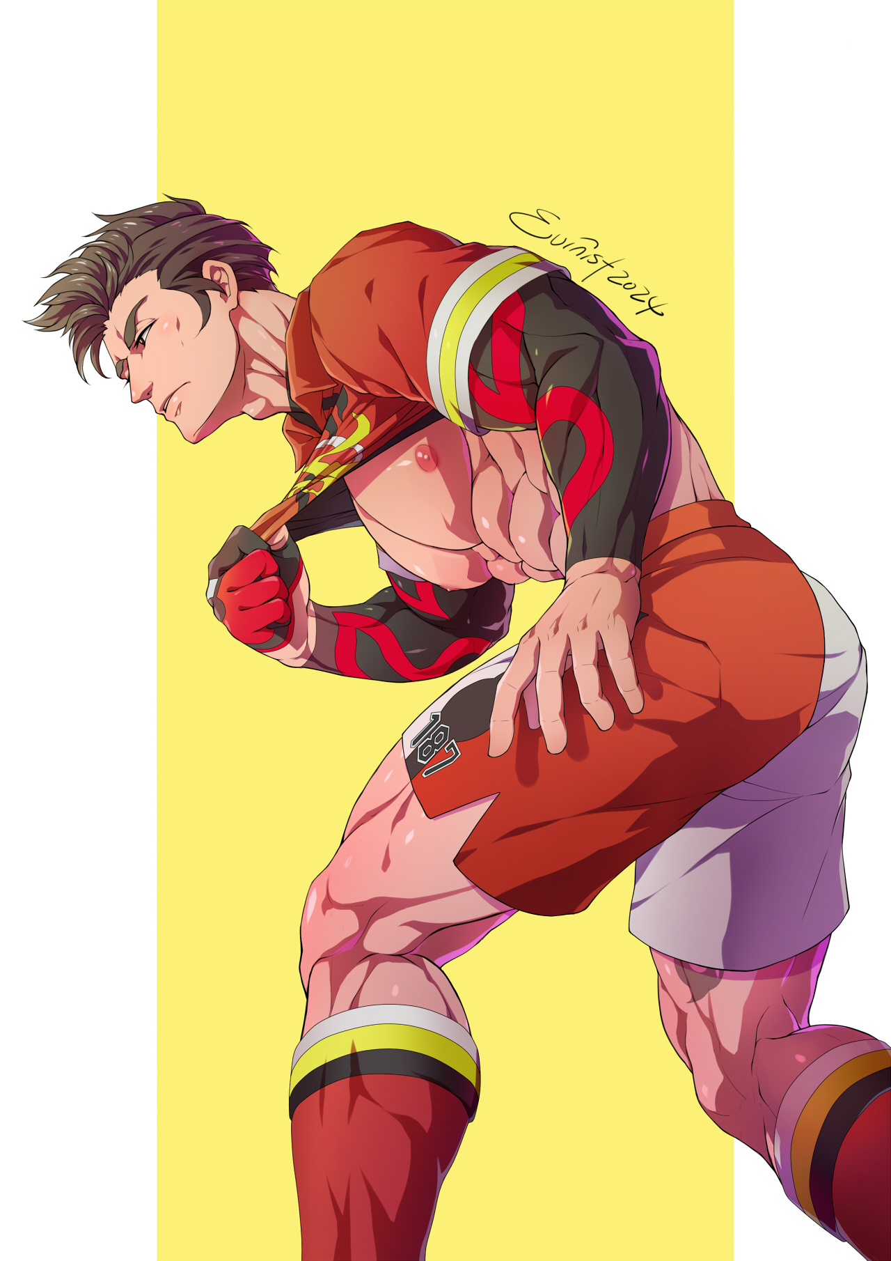 1boy abs adam&#039;s_apple aged_down artist_name bara bare_pectorals brown_hair clothes_lift commentary evinist highres kabu_(pokemon) kneehighs large_pectorals lifting_own_clothes male_focus muscular muscular_male nintendo nipples pectorals pokemon pokemon_swsh shirt_lift short_hair shorts simple_background socks solo