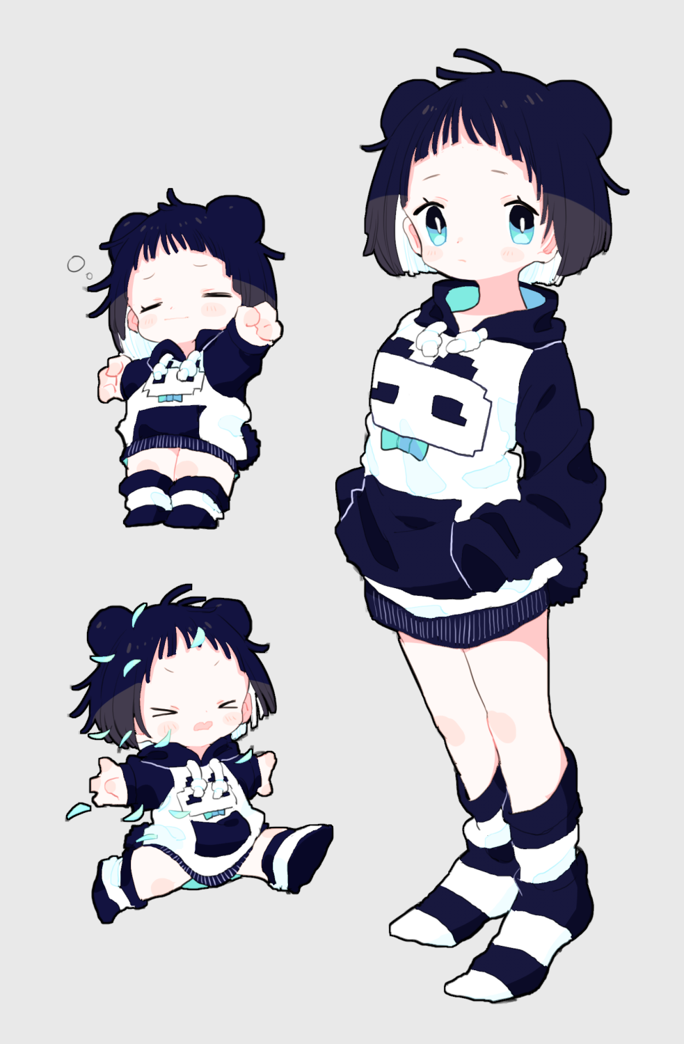 &gt;_&lt; 1girl animal_ears black_hair black_sleeves black_socks blue_eyes blush_stickers chibi choppy_bangs closed_mouth colored_inner_hair commentary_request cotono_(nazekun) expressionless full_body grey_background hands_in_pocket highres hood hood_down hoodie long_sleeves multicolored_hair multiple_views no_shoes original outstretched_arms panda_(cotono_(nazekun)) panda_ears panda_girl panda_tail raglan_sleeves short_hair simple_background socks spread_arms striped_clothes striped_socks tareme two-tone_hair two-tone_socks white_hair white_hoodie white_socks