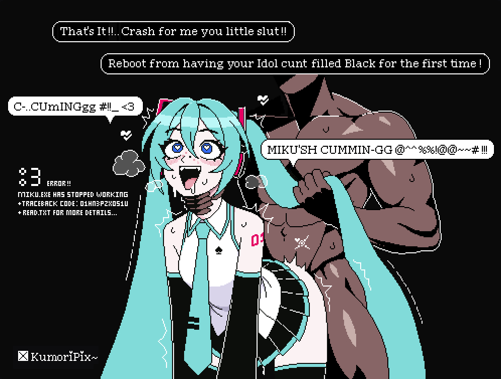 abs aqua_eyes aqua_hair aqua_necktie artist_name black_background breath dark-skinned_male dark_skin detached_sleeves drooling english_text female_orgasm freckles fucked_silly grabbing_another&#039;s_hair hatsune_miku heart heart-shaped_pupils holding_another&#039;s_hair implied_ejaculation interracial kumoripix long_hair muscular muscular_male neck_grab necktie orgasm queen_of_spades_symbol sex simple_background skirt spade_(shape) speech_bubble standing standing_sex sweat symbol-shaped_pupils tattoo trembling very_long_hair vocaloid