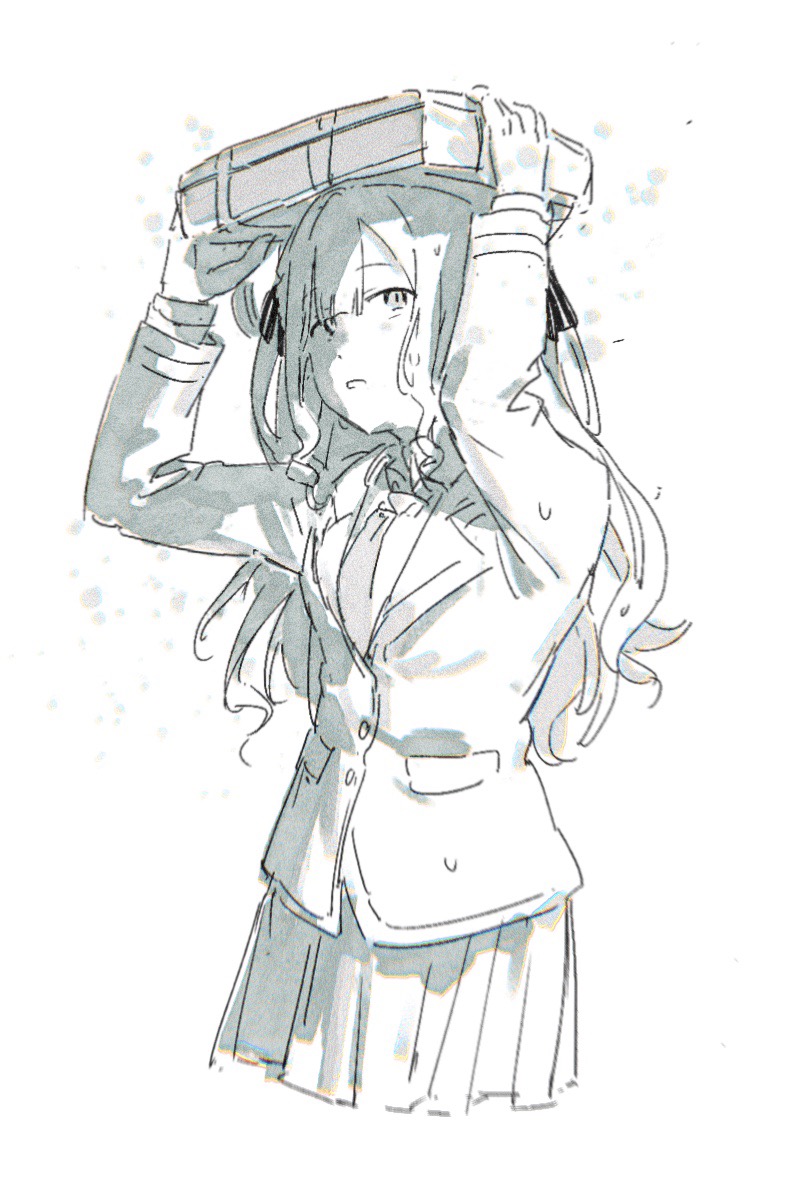 1girl bag bang_dream! bang_dream!_it&#039;s_mygo!!!!! greyscale haneoka_school_uniform improvised_umbrella jacket long_hair long_sleeves monochrome necktie open_mouth pleated_skirt school_bag school_uniform skirt solo togawa_sakiko uzr_akira wet