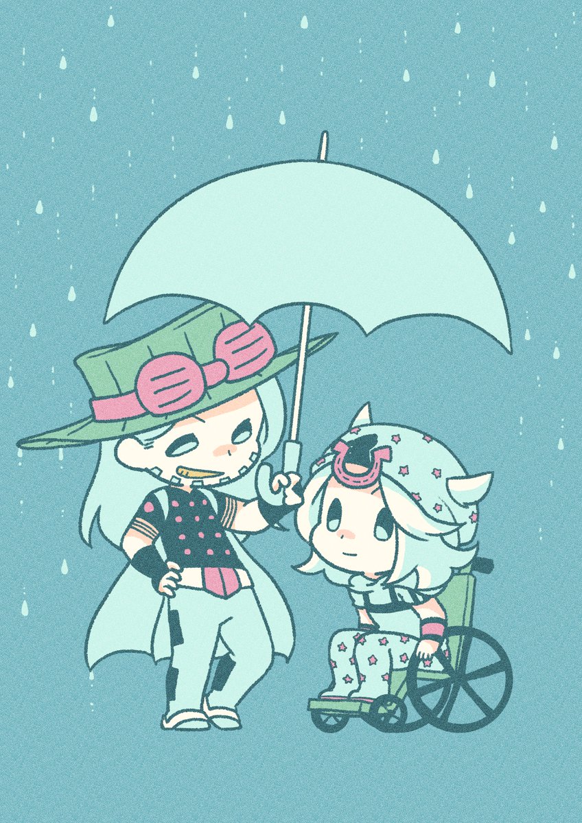 2boys beard belt belt_buckle blue_theme bridal_gauntlets buckle cape chibi chibi_only commentary_request cowboy_hat facial_hair goggles goggles_on_headwear gold_teeth gyro_zeppeli hat highres holding holding_umbrella horseshoe_hat_ornament horseshoe_ornament johnny_joestar jojo_no_kimyou_na_bouken long_hair m_a_a_m_8 male_focus medium_hair multiple_boys rain shared_umbrella short_sleeves sitting smile spurs star_(symbol) star_print steel_ball_run umbrella wheelchair