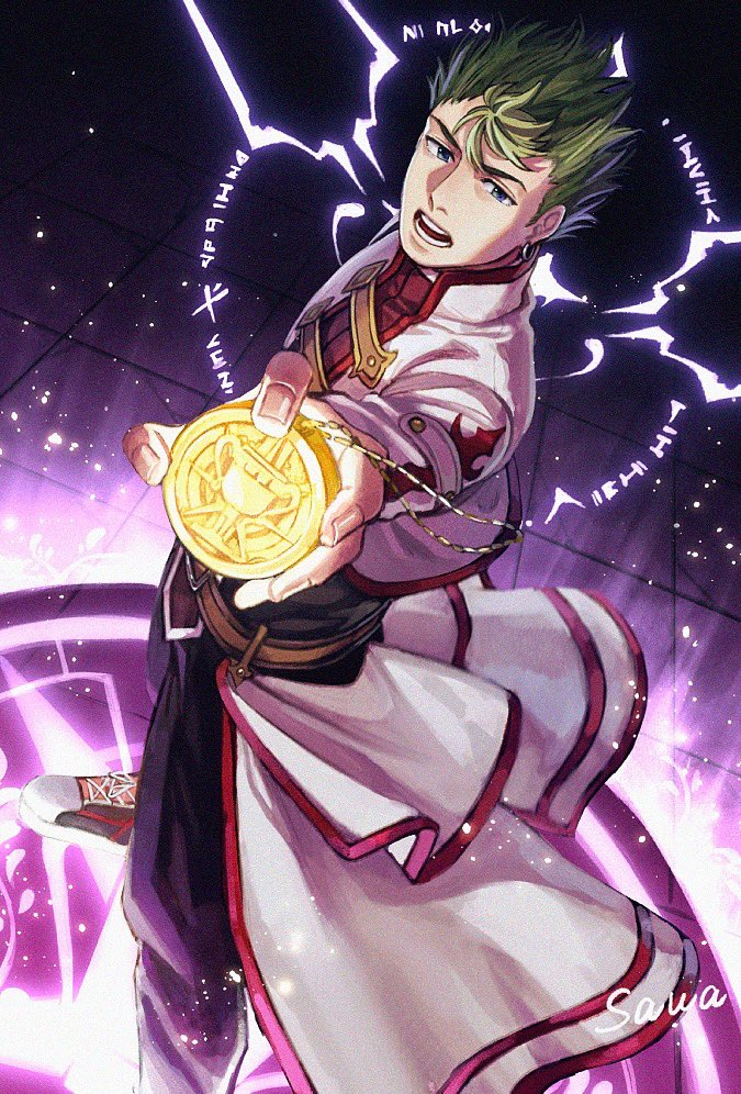 1boy artist_name aura belt blue_eyes coat collared_coat commentary_request eiyuu_densetsu feet_out_of_frame from_above full_body green_hair holding holding_jewelry holding_necklace jewelry kevin_graham male_focus necklace open_mouth red_shirt sawaponu3 shirt short_hair solo sora_no_kiseki teeth white_coat