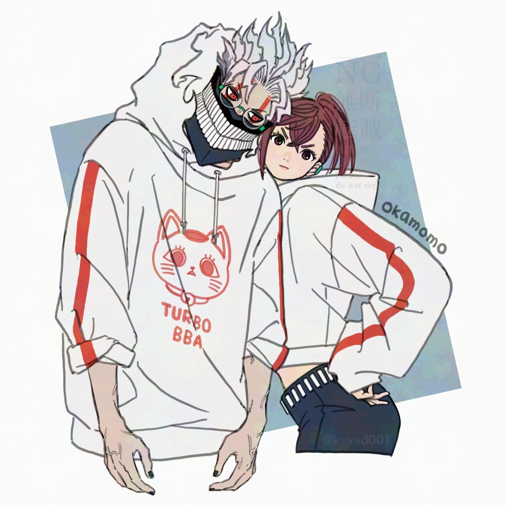 1boy 1girl ayase_momo black_nails border brown_eyes brown_hair cat cropped_legs crossed_bangs dandadan facial_mark furrowed_brow glasses grey_background hand_on_own_hip hood hoodie k_ysd001 looking_at_viewer midriff ponytail red_eyes round_eyewear short_hair sleeves_past_wrists sleeves_rolled_up takakura_ken_(dandadan) turbo_granny_(dandandan) twitter_username upper_body veins veiny_hands white_border white_hair white_hoodie