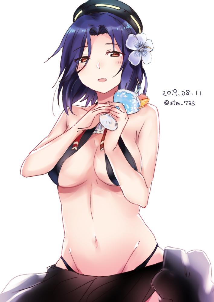 1girl bikini black_bikini breasts brown_eyes cup flower hair_flower hair_ornament halo hibiscus holding holding_cup kansho_(stm_735) kantai_collection large_breasts mechanical_halo open_mouth purple_hair sarong short_hair simple_background solo swimsuit tatsuta_(kancolle) tatsuta_(swimsuit)_(kancolle) tropical_drink white_background white_flower