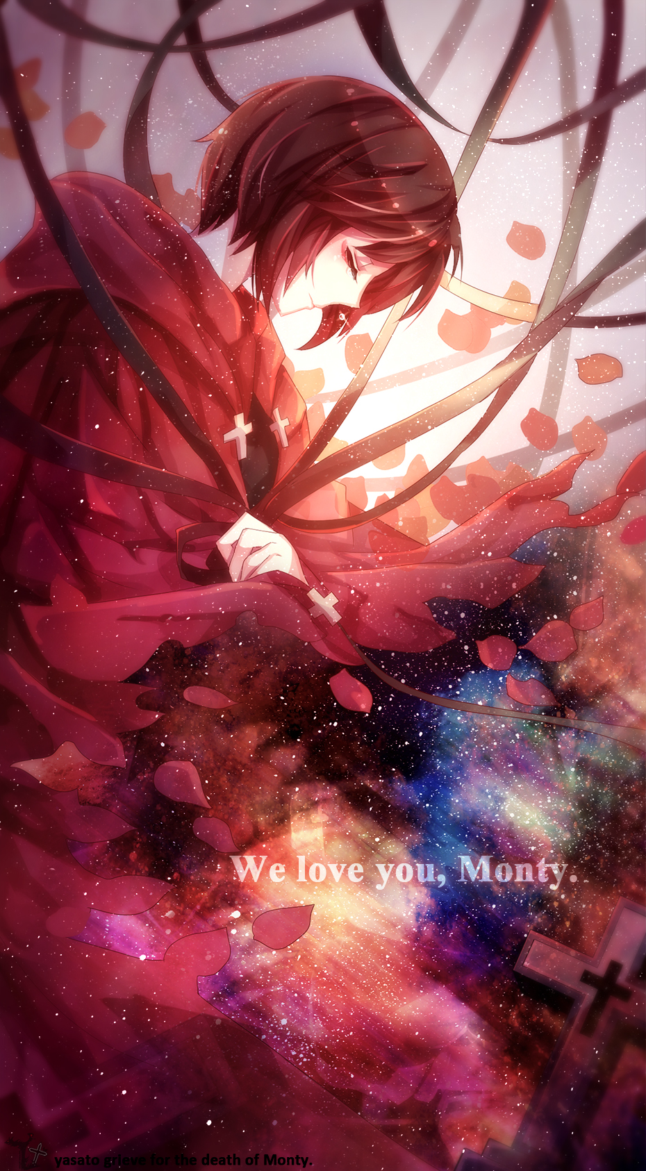 1girl black_hair cloak closed_eyes english_text female_focus highres hood hooded_cloak monty_oum_(creator) ruby_rose rwby short_hair solo yasato