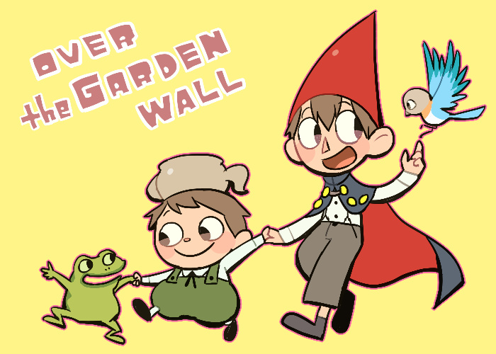 1girl 2boys :d animal beatrice_(over_the_garden_wall) bird black_eyes blush blush_stickers brothers cape copyright_name frog gregory_(over_the_garden_wall) happy hat long_sleeves looking_at_another multiple_boys open_mouth over_the_garden_wall overalls pants short_hair siblings simple_background smile teapot tsunoji wirt_(over_the_garden_wall) yellow_background