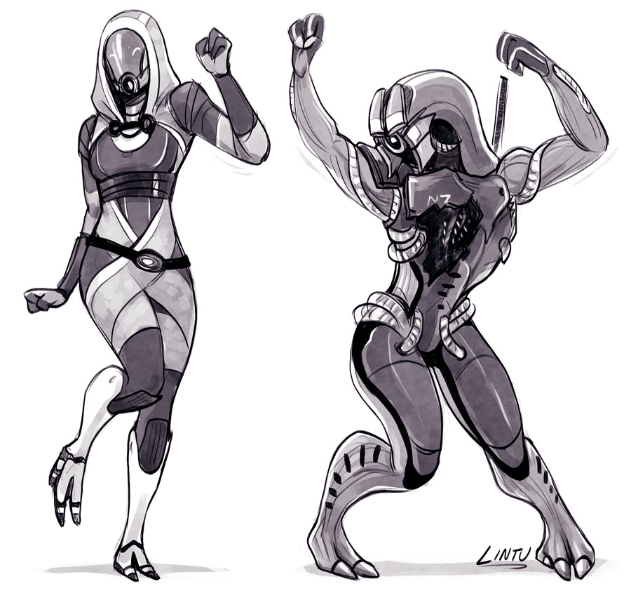 1girl alien geth greyscale legion_(mass_effect) lintufriikki mass_effect_(series) monochrome quarian robot tali&#039;zorah tumblr tumblr_username white_background