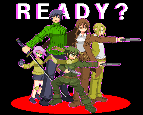 00s 2boys 3girls androgynous artist_request english_text explosive full_body grenade gun kino_(kino_no_tabi) kino_no_tabi lowres multiple_boys multiple_girls pixel_art scarf shizu_(kino_no_tabi) short_hair sweater sword tea_(kino_no_tabi) weapon