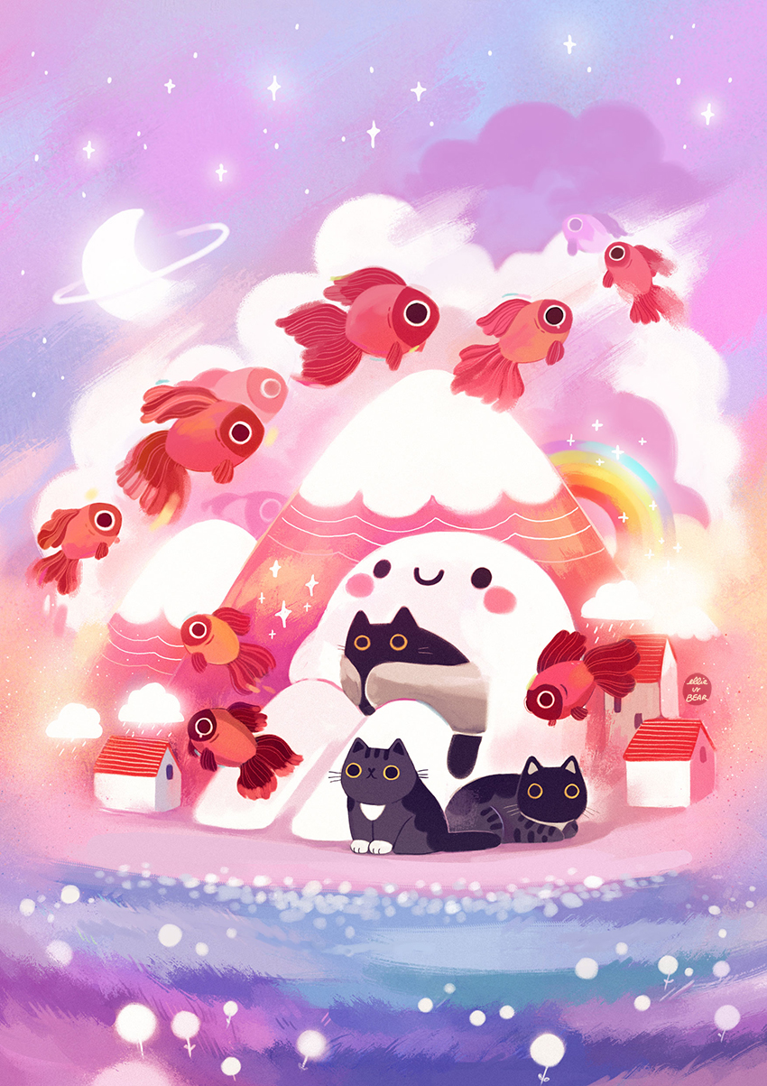 black_cat building cat cloud crescent_moon ellievsbear fish flying_fish glowing grass highres holding moon mountain no_humans original planet rainbow river see-through_body sky smile snow sparkle star_(sky) starry_sky village water