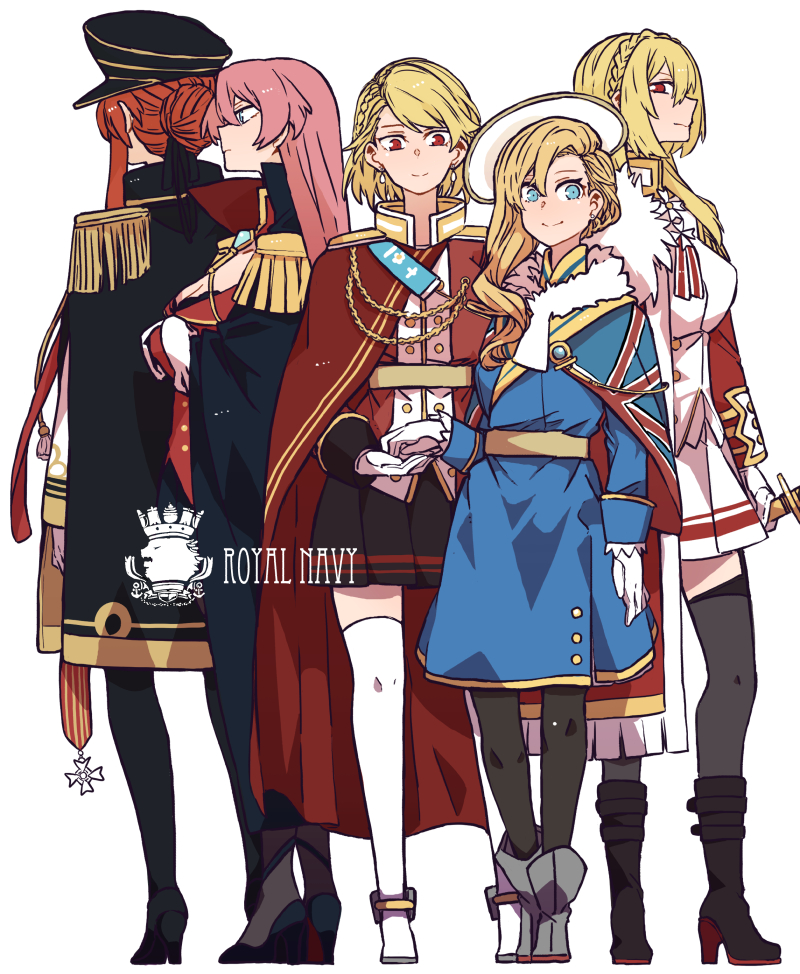 5girls aiguillette asuka_(junerabitts) azur_lane black_coat black_headwear blonde_hair blue_dress blue_eyes braid buttons closed_mouth coat commentary_request dress drill_hair duke_of_york_(azur_lane) full_body fur-trimmed_coat fur_trim hat high_heels hood_(azur_lane) king_george_v_(azur_lane) long_hair looking_at_viewer medal medium_hair military_uniform monarch_(azur_lane) multiple_girls peaked_cap pink_hair prince_of_wales_(azur_lane) red_eyes red_hair royal_navy_emblem_(azur_lane) simple_background smile standing union_jack white_background white_headwear