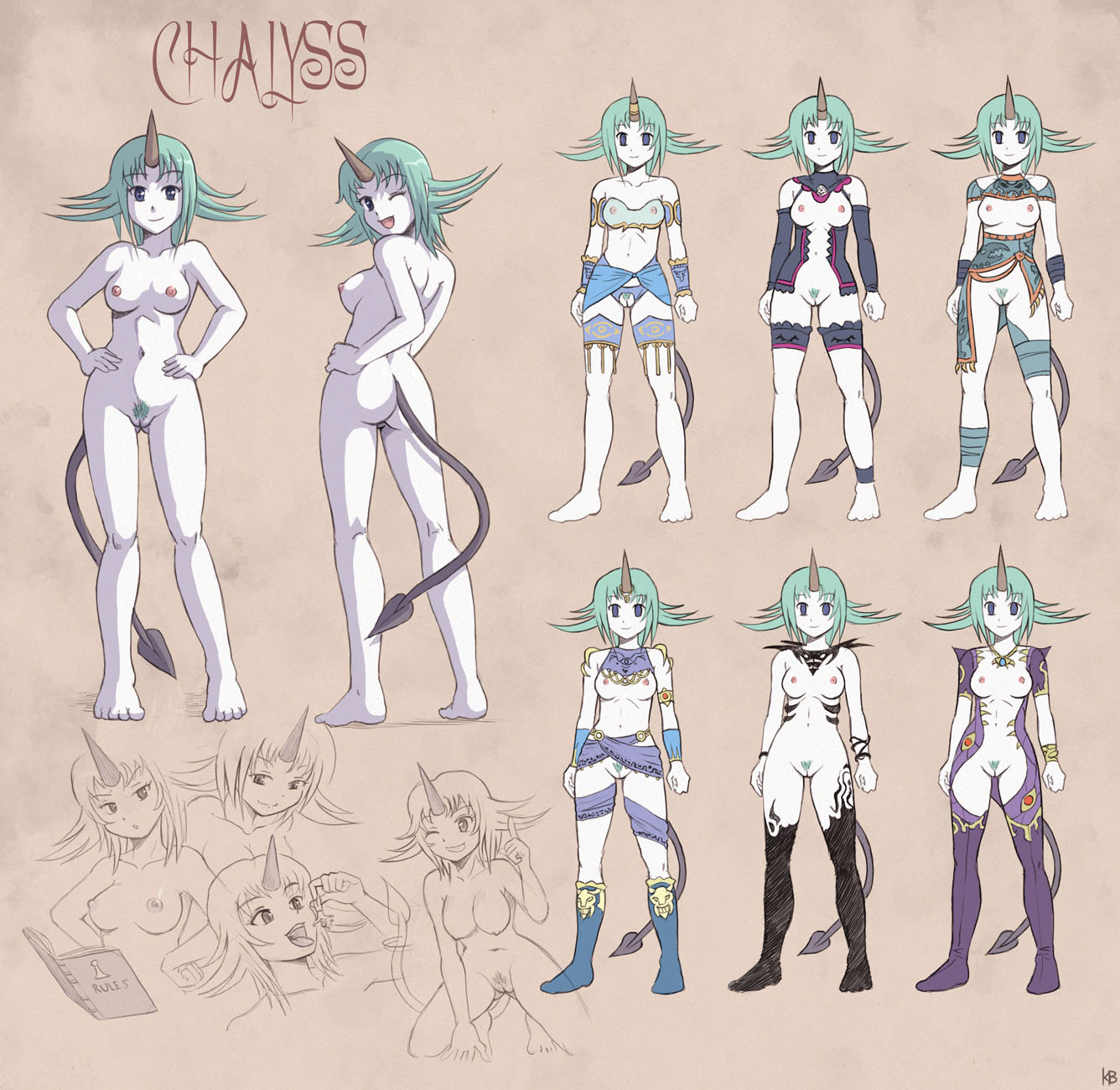 1girl ass chalyss_(felarya) cleft_of_venus demon_girl demon_tail felarya giant giantess green_hair highres karbo multiple_views nipples nude pale_skin pubic_hair pussy short_hair smile tail vore