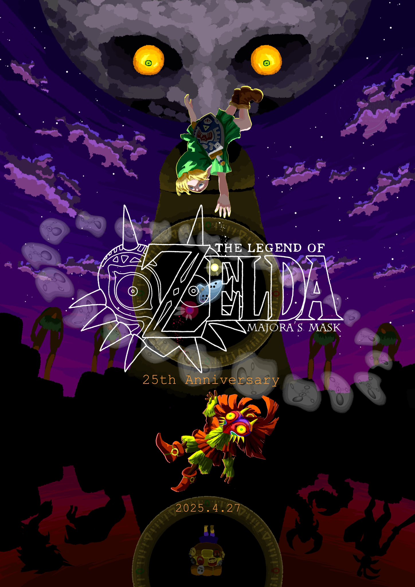 2025 anniversary beard belt blonde_hair boots clock clock_tower colored_sclera copyright_name english_text facial_hair fairy four_giants full_body glowing glowing_eyes goht green_eyes gyorg happy_mask_salesman hat highres instrument kokiri_sword link mask moon_(zelda) night night_sky nintendo ocarina odolwa outdoors outstretched_arm pointy_ears purple_background scabbard sheath shield shield_on_back silhouette skull_kid sky sword sword_on_back tael tatl the_legend_of_zelda the_legend_of_zelda:_majora's_mask tower tunic twinmold weapon weapon_on_back yellow_sclera