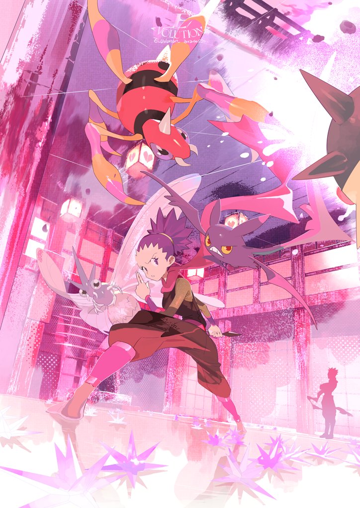 1boy 1girl ariados artist_name ceiling clenched_hand crobat e_volution floating_scarf gen_1_pokemon gen_2_pokemon grey_socks holding indoors janine_(pokemon) koga_(pokemon) kunai legs_apart nintendo pants parted_lips pillar pink_scarf pokemon pokemon_(creature) pokemon_hgss purple_eyes purple_hair qwilfish scarf shirt socks squatting venomoth weapon