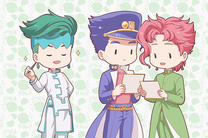 3boys :&lt; arm_behind_back blue_hair closed_eyes coat commentary_request diamond_wa_kudakenai earrings frown gakuran green_hair holding holding_pen holding_portrait jewelry jojo_no_kimyou_na_bouken kakyoin_noriaki kishibe_rohan kuujou_joutarou lanxjourney male_focus multiple_boys nib_pen_(object) open_clothes open_coat pen portrait_(object) red_hair school_uniform sparkle stardust_crusaders stud_earrings time_paradox